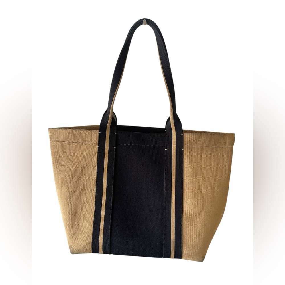 Rothy’s The Essential Tote in Camel & Black with magnets.